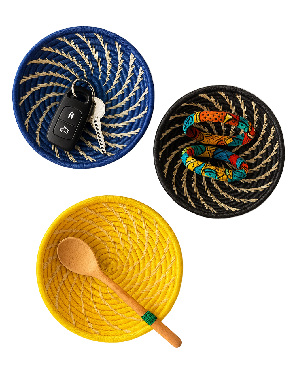 Three woven coasters in blue, yellow, and black with decorative patterns on a white background.